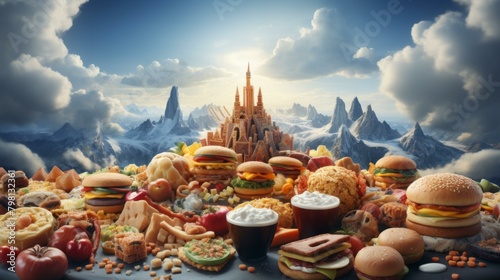 b'A feast of fast food in front of a fantasy castle'