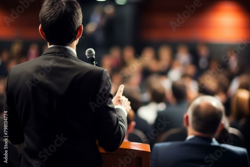 b'Businessman giving a speech during a conference'