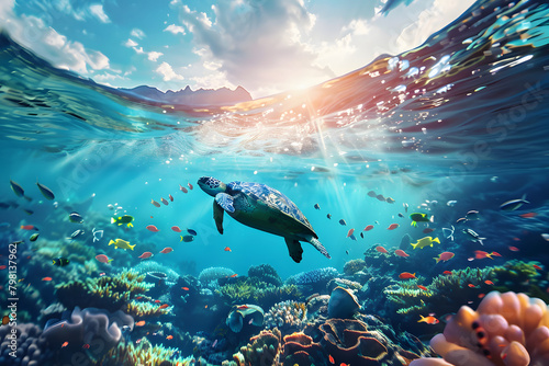 Underwater scene with gracefully swimming sea turtle and fishes, showcasing biodiversity