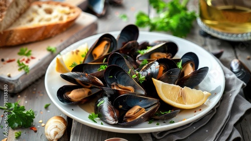 Plate of delicious mussels with zesty lemon and fresh parsley, perfect for seafood lovers
