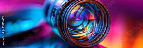 Camera lens with colorful light reflections and refractions