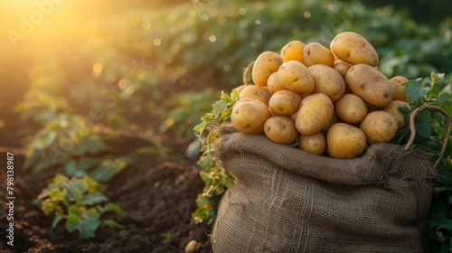 b'A burlap sack full of freshly harvested potatoes sits in a field at sunset.'