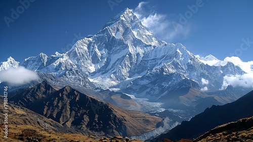 b'A majestic view of a snow-capped mountain peak towering above a rugged landscape'