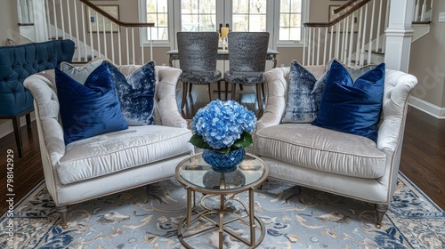 b'Blue and white living room with velvet chairs and patterned rug'