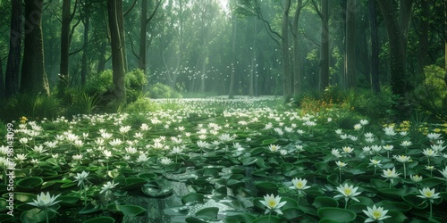 Mystical journey through an ethereal flower-filled forest