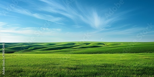 b'Green rolling hills under blue sky and white clouds'