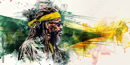 The Jamaican Flag with a Rastafarian and a Reggae Musician - Imagine the Jamaican flag with a Rastafarian representing Jamaica's Rastafarian culture and a reggae musician symbolizing the country's mus