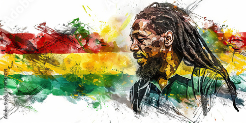 The Jamaican Flag with a Rastafarian and a Reggae Musician - Imagine the Jamaican flag with a Rastafarian representing Jamaica's Rastafarian culture and a reggae musician symbolizing the country's mus
