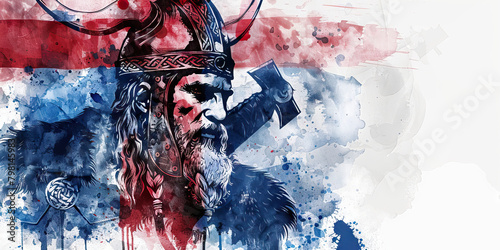 The Icelandic Flag with a Viking and a Geothermal Energy Worker - Picture the Icelandic flag with a Viking representing Iceland's Viking heritage and a geothermal energy worker symbolizing the country