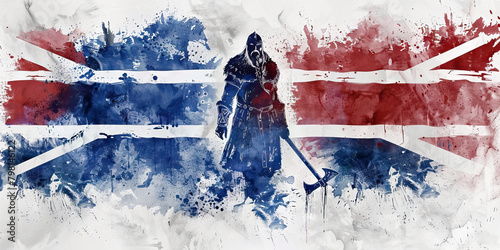 The Icelandic Flag with a Viking and a Geothermal Energy Worker - Picture the Icelandic flag with a Viking representing Iceland's Viking heritage and a geothermal energy worker symbolizing the country