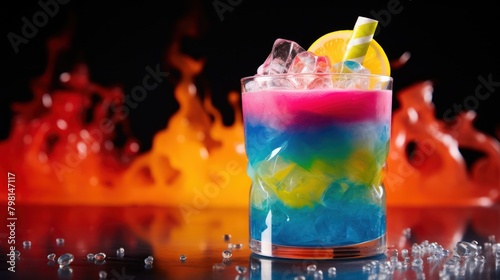 a colorful drink with a straw and a slice of lemon