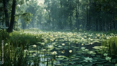 b'Mystical Forest Lake with Glowing White Water Lilies'