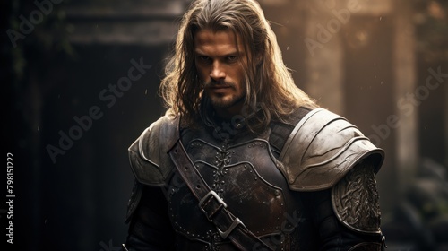 a man in armor with long hair