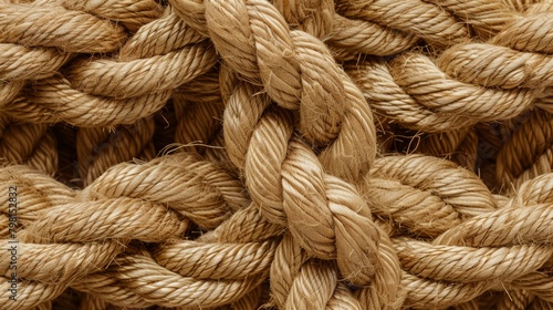 Close-up of interwoven beige ropes. Macro shot with detailed texture. Maritime and durability concept.