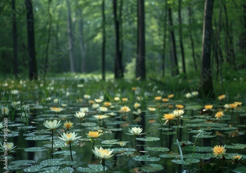 Mystical pond with white and yellow lotuses in the middle of a dense forest