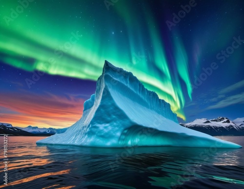 b'Iceberg In Greenland With Aurora In The Night Sky'
