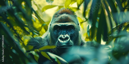 b'A gorilla stares out from the jungle foliage.'