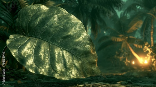 b'Close-up photo of a giant leaf in a jungle with a blurry background'