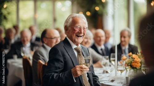 b'Happy old man laughing at a party'
