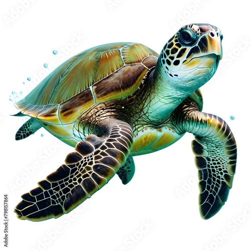 A close-up of a green sea turtle swimming underwater, showing its detailed shell and flippers