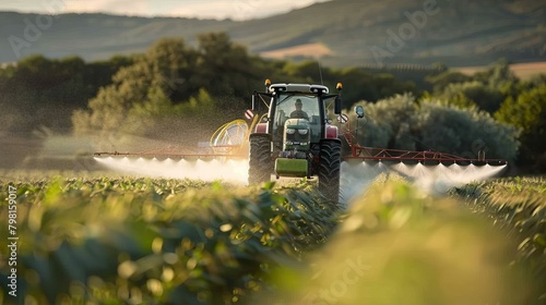 b'Tractor spraying pesticides on a corn field'