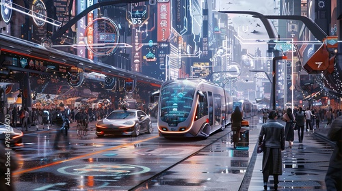 The image shows a futuristic city street with people walking around and various modes of transportation including buses and cars. There are also many signs and buildings.