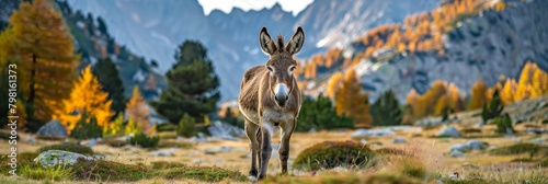 Scenic view of a donkey grazing in lush alpine meadows with ample space for customized text overlay