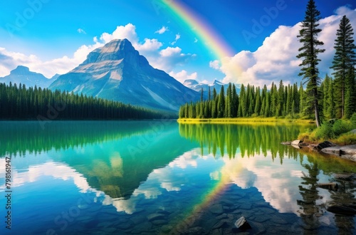a rainbow over a lake with trees and mountains
