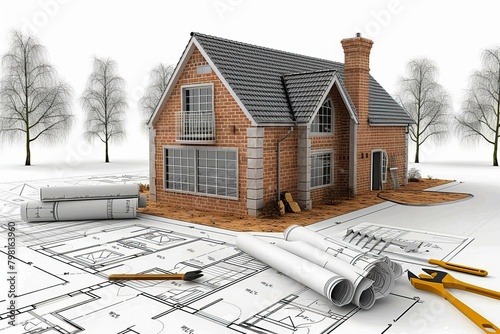 b'3d rendering of a house under construction with blueprints'