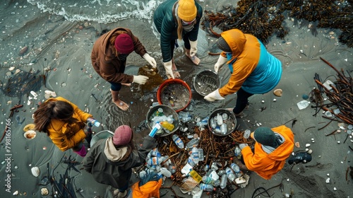 A group of people are cleaning up trash on a beach