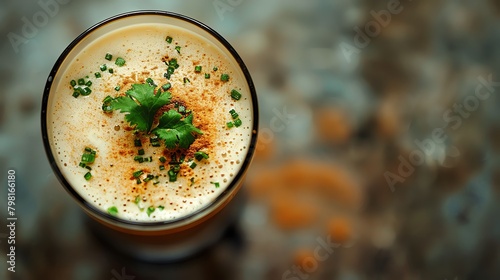food photography of a creamy soup in a glass with parsley on top