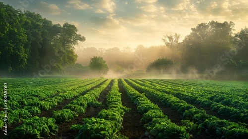 A field of green plants with a foggy sky in the background