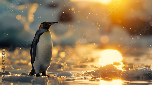 Penguin at South Pole during sunrise, showcasing serene Antarctic landscape with icy terrain and vibrant hues, offering a glimpse into the beauty of polar regions