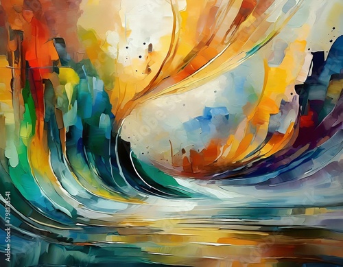 Abstract art painting. waves and sea at sundown