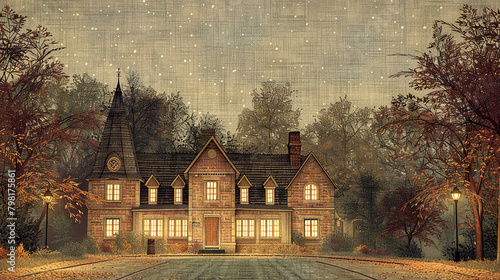 Old house in the autumn park. Vintage illustration on canvas