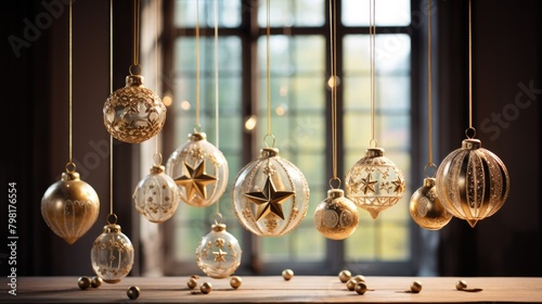 Elegant Christmas Ornaments Hanging by Window, Beautiful golden Christmas ornaments delicately hang by a window, catching the soft light and creating a warm