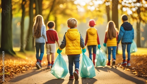 Kinder helfen und sammeln den Müll ein für eine saubere Umwelt. 