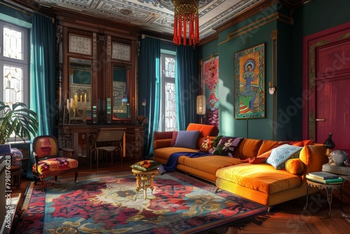 maximalist interior of living room in vibrant colors. Trendy style of design. 