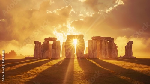 Golden sunlight bathes Stonehenge creating a mystical aura during the vibrant Summer Solstice celebration