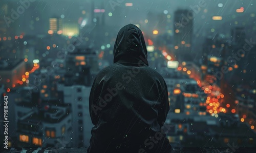 animation of a anonymous faceless man in a hood on the roof of a night city with blurry lights, Generative AI