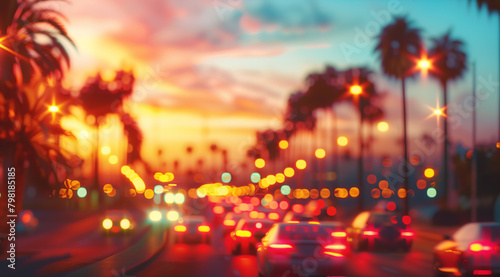 A blurred focus background with Coastal road at sunset with traffic and palm trees. California lifestyle and travel concept. Image with copy space for music album or material for a car rental service