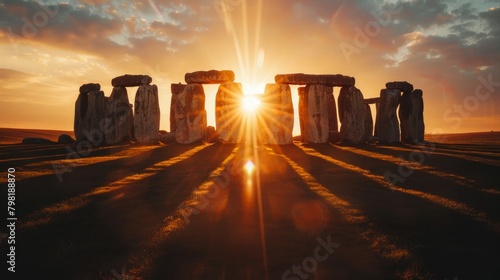 Radiant sunrise illuminates Stonehenge during the Summer Solstice celebration casting long shadows and highlighting the ancient monolithic structures