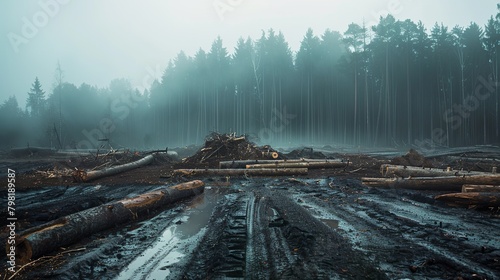 a deforested landscape with cut trees and pile wood in the middle, foggy weather, mud ground, dead forest, overcast sky