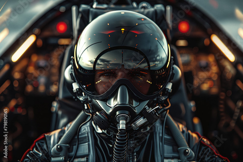 Jet Pilot Ready for Mission. Intense close-up of a fighter pilot in helmet and mask, cockpit reflections hinting at high-altitude readiness