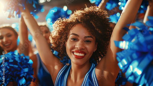Cheerful Spirit in the Spotlight. Close-up of a jubilant cheerleader with pom-poms, celebrating with her squad