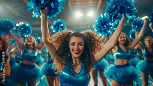 Energetic Cheerleading Performance. A vibrant cheerleader with pom-poms smiling and performing at a sports event.