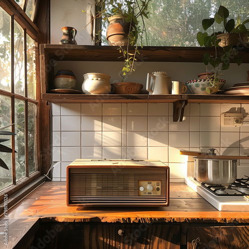 Simple 1930s Tube Radio in a Warm Sunlit Farmhouse Kitchen