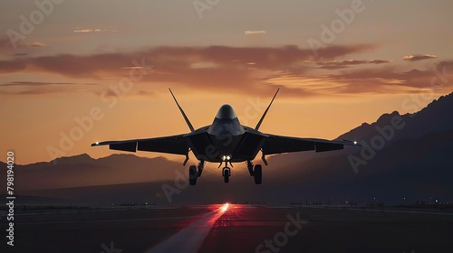 Breathtaking shot of an F22 Raptor landing gracefully at duskthe landing gear perfectly touching downwith a background of mountains silhouetted against a twilight sky.