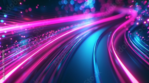 Vibrant depiction of moving pink and blue glowing neon lines with bokeh lights on an abstract background, representing high-speed data transfer