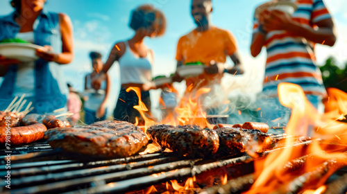 Group of people grilling hamburgers and hot dogs on grill.
